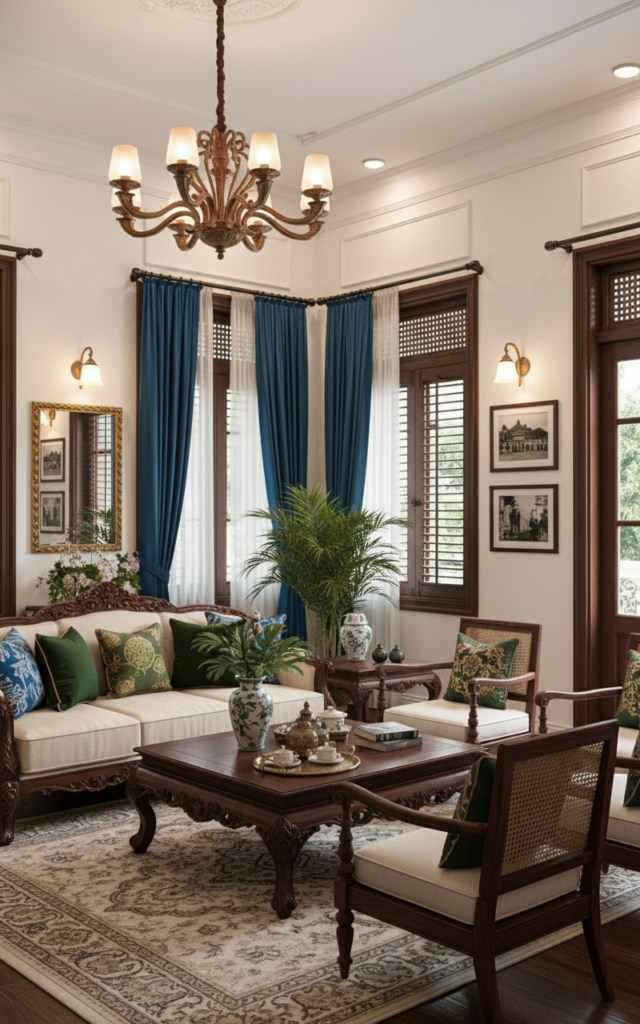 Phòng khách trang nhã rực rỡ sắc màu Đông Dương với bộ sofa gỗ chạm khắc, kết hợp rèm cửa xanh cobalt nổi bật.