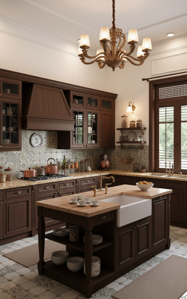 Khu vực bếp nấu mang đậm hồn xưa với gạch bông cổ điển, hệ tủ gỗ mộc mạc và bàn đảo tiện nghi.