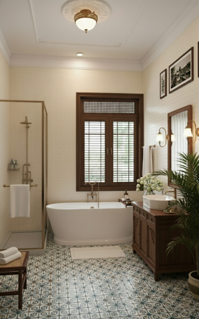 Phòng tắm ấn tượng với nền gạch bông họa tiết, bồn tắm nằm lavabo treo và nội thất gỗ cao cấp.