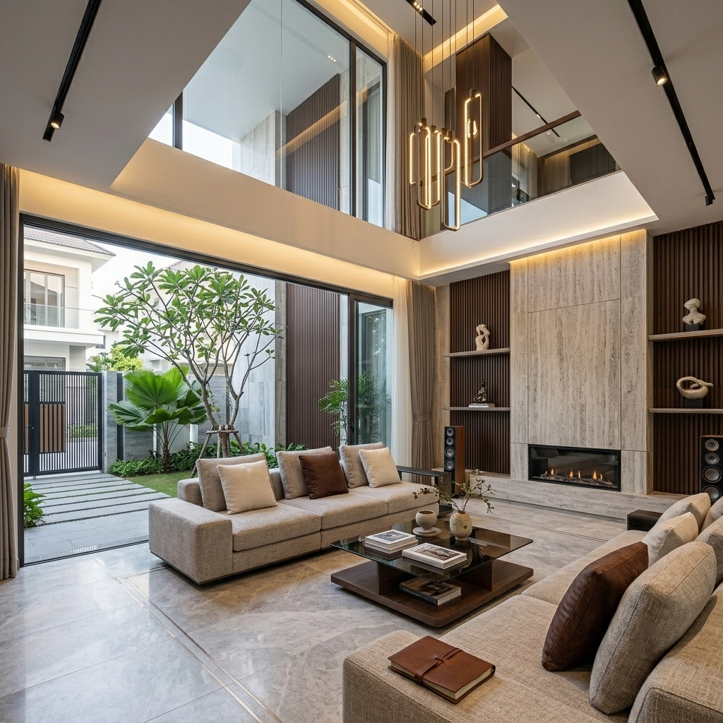 Thiết kế phòng khách nhà phố hiện đại sang trọng và tinh tế