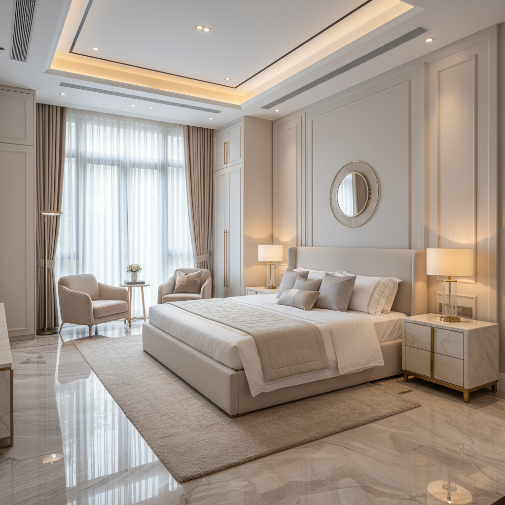 Nhà phố tân cổ điển với phòng ngủ Master sang trọng sử dụng gam màu trắng kem và nội thất cao cấp
