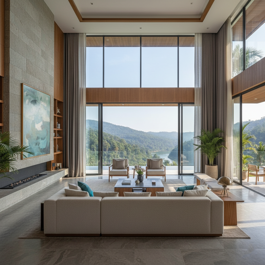 Phòng khách resort hiện đại với không gian thông tầng ấn tượng