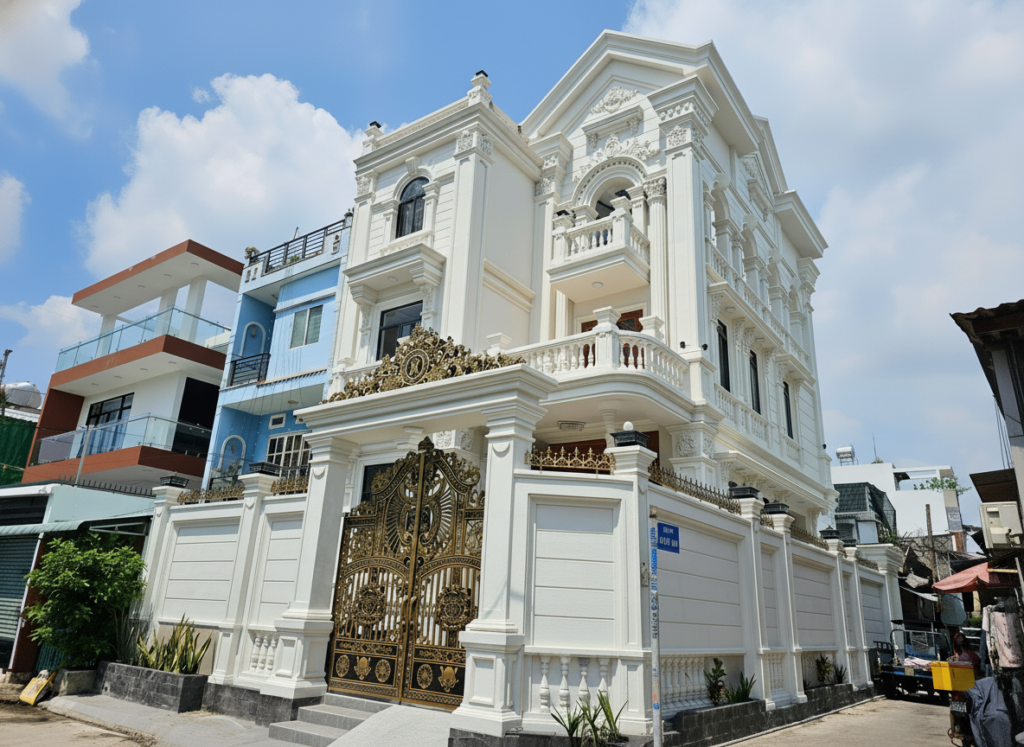 Thi công biệt thự tân cổ điển hoàn thiện mặt tiền sang trọng và bền vững