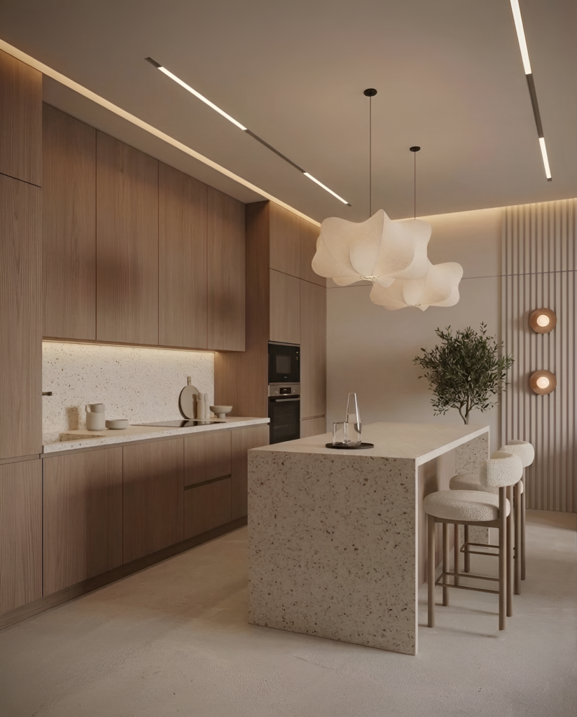 Bếp và phòng ăn được thiết kế liên thông nhằm tăng sự kết nối giữa các thành viên trong gia đình