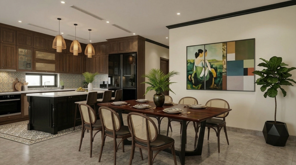 Không gian phòng ăn rộng rãi, thoáng đãng liền kề gian bếp