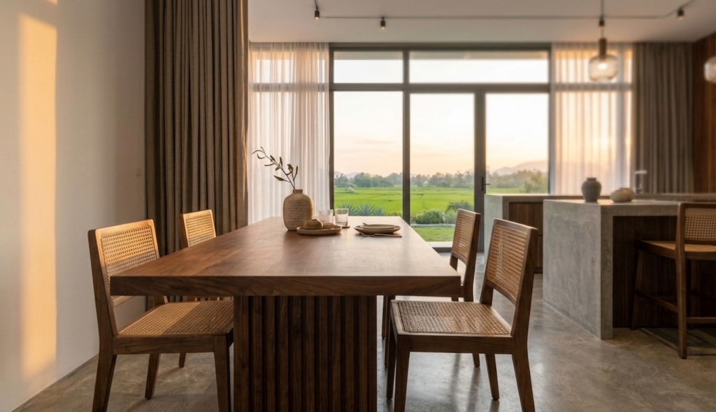 Khu vực bàn ăn được đặt cạnh cửa kính lớn để tận hưởng khung cảnh sân vườn trong mỗi bữa cơm