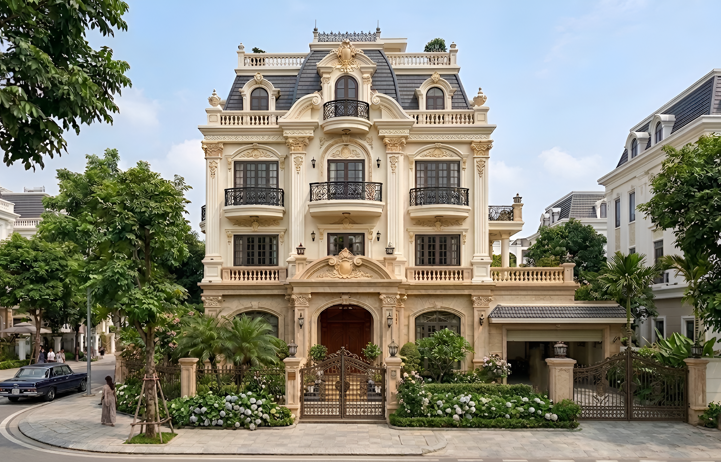 Thiết kế nhà phố phong cách cổ điển với kiến trúc mái Mansard đẳng cấp và chi tiết phù điêu đắp nổi tinh xảo