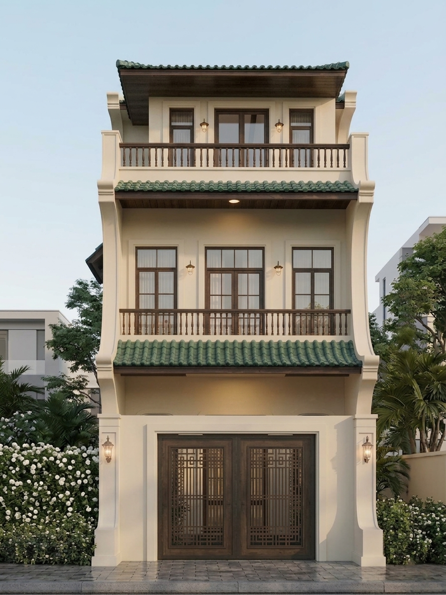 Mặt tiền độc đáo của công trình nhà phố mang đậm phong cách Indochine quyến rũ