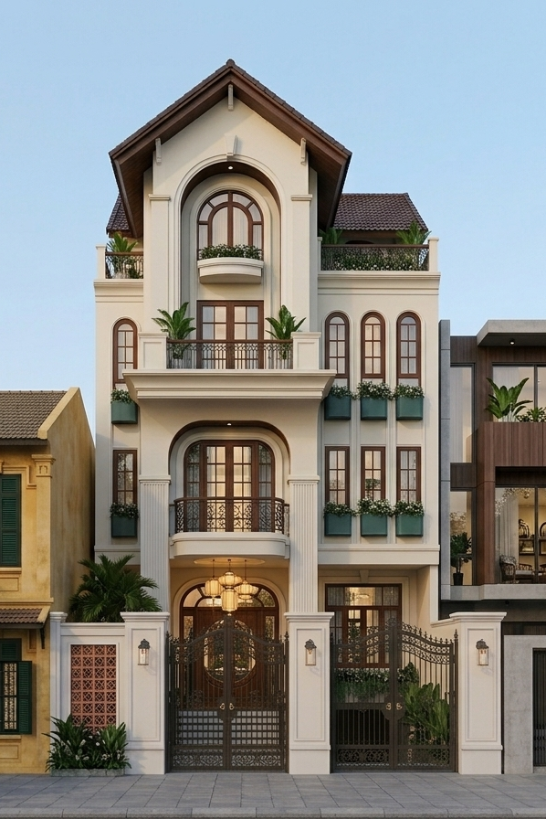 Mặt tiền kiến trúc độc đáo của mẫu thiết kế nhà phố phong cách Indochine hoài cổ mà hiện đại