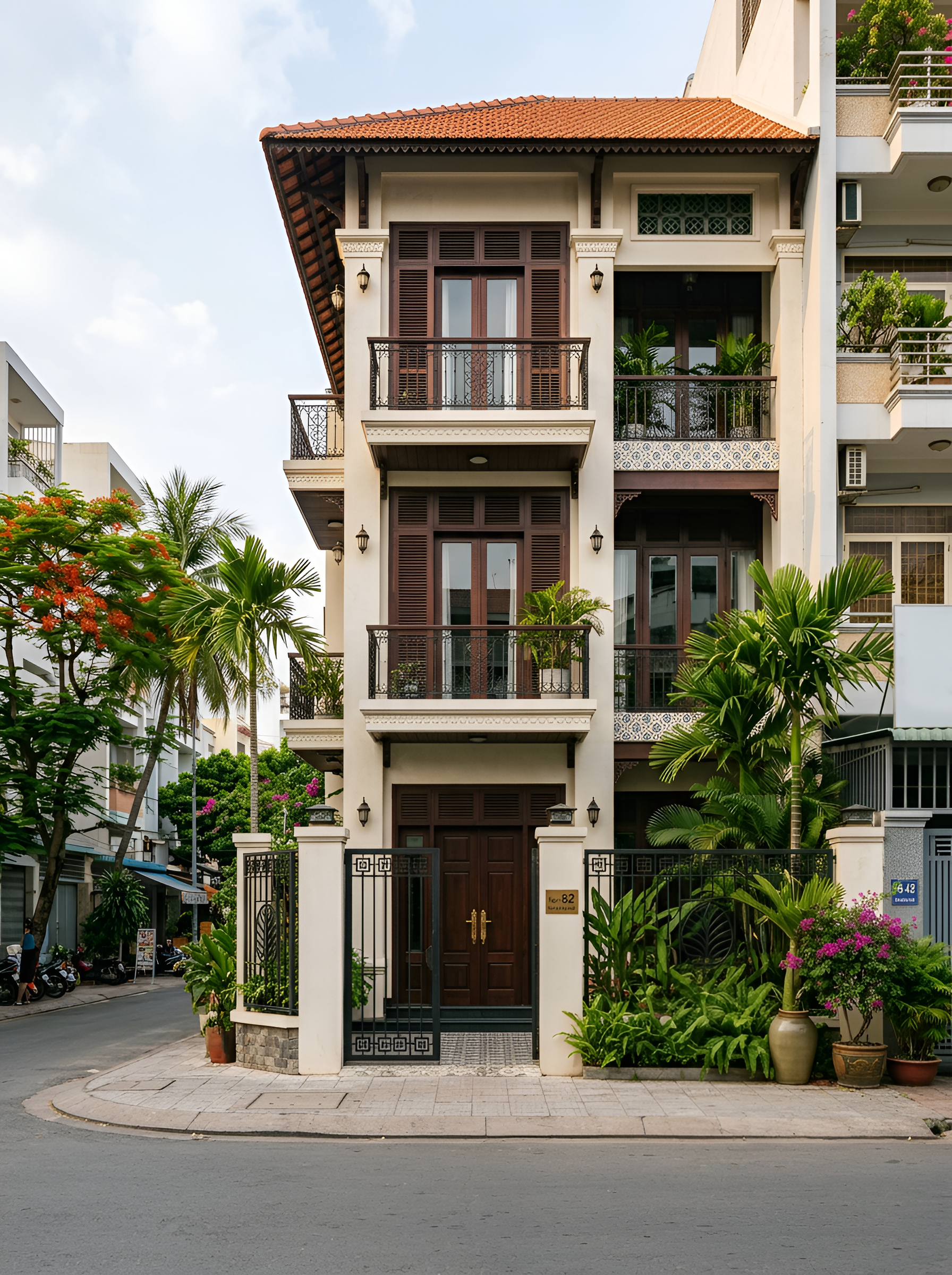 Mặt tiền kiến trúc độc đáo của mẫu thiết kế nhà phố phong cách Indochine hoài cổ mà hiện đại