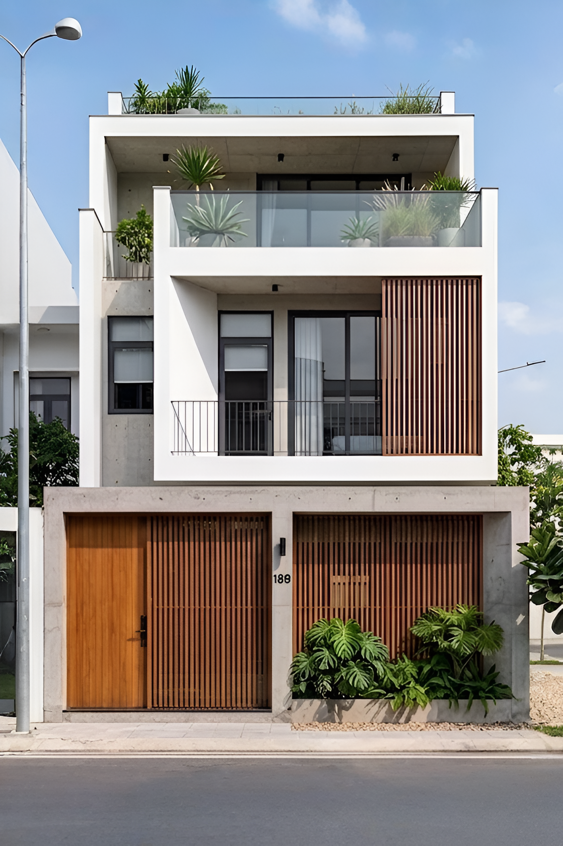 Mặt tiền gây ấn tượng với các mảng khối hình học đơn giản kết hợp hệ lam gỗ tạo điểm nhấn