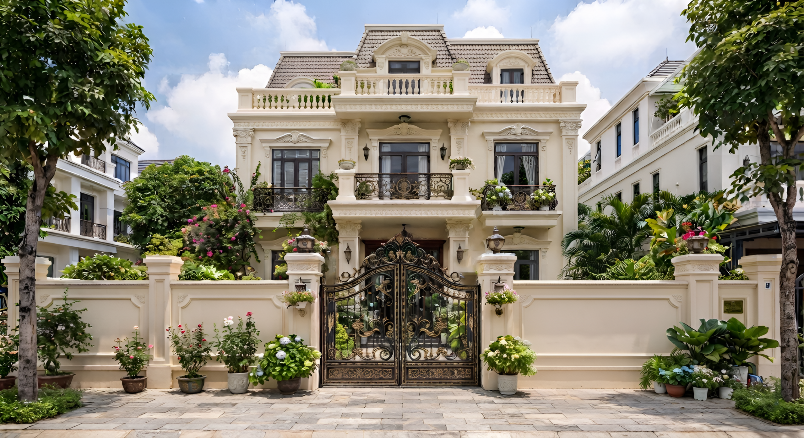 Mặt tiền thiết kế biệt thự cổ điển sang trọng lộng lẫy với hệ cổng đúc mạ vàng và mái Mansard uy nghi