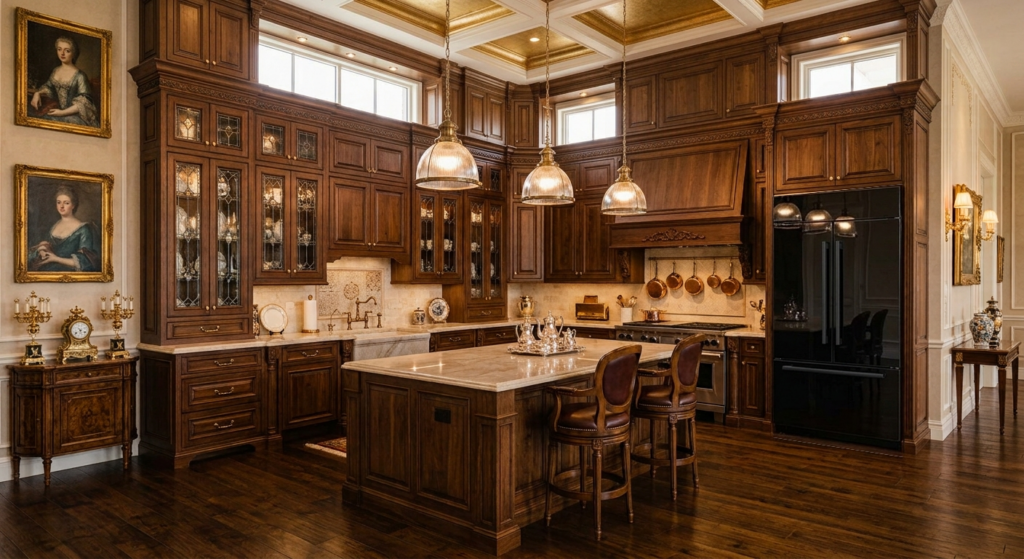 Tủ bếp gỗ tự nhiên kết hợp đảo bếp đá marble vân mây quý phái