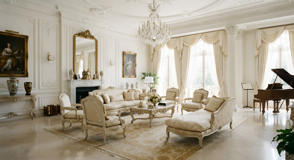 Trọng tâm thiết kế nội thất biệt thự cổ điển tại phòng khách với bộ sofa bọc gấm và đèn chùm pha lê cao cấp