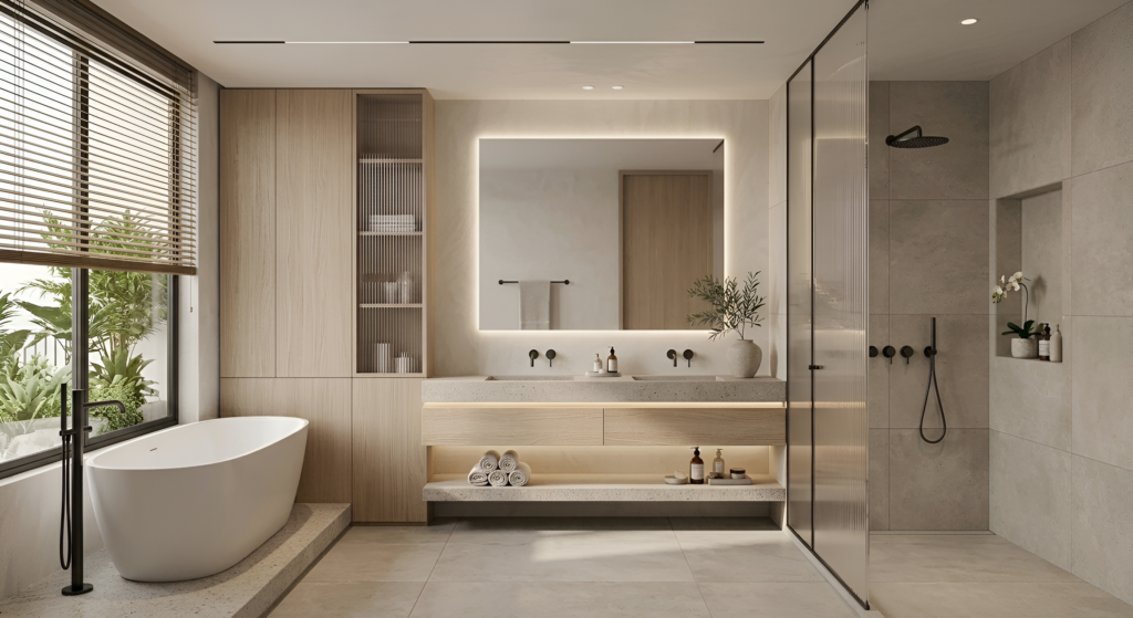 Không gian phòng tắm được thiết kế theo phong cách spa với vật liệu đá sáng màu, kính cường lực và thiết bị vệ sinh cao cấp.
