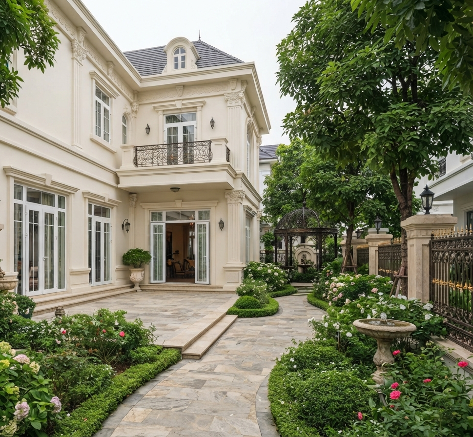 Thiết kế nhà phố phong cách cổ điển kết hợp không gian sân vườn xanh mát