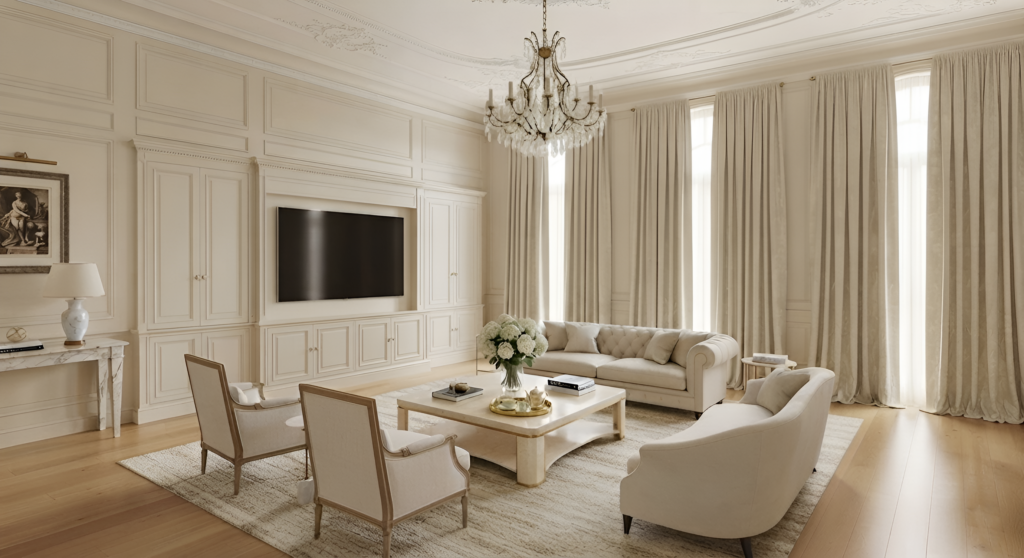 Không gian tiếp khách lộng lẫy với bộ sofa bọc da kem rút múi cao cấp