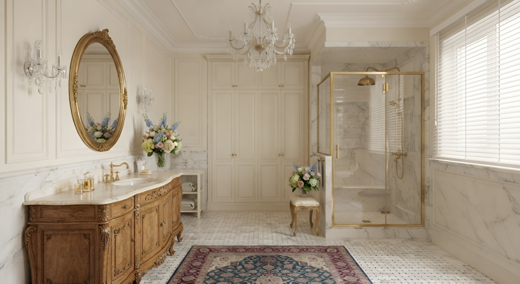 Nội thất nhà phố phong cách cổ điển tại khu vực phòng tắm Master với chất liệu đá marble và kim loại mạ vàng