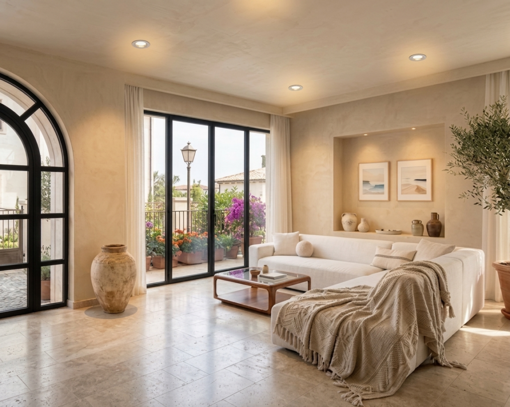 Không gian phòng khách ấn tượng với sofa kem mềm mại và cửa sổ vòm lớn đón nắng