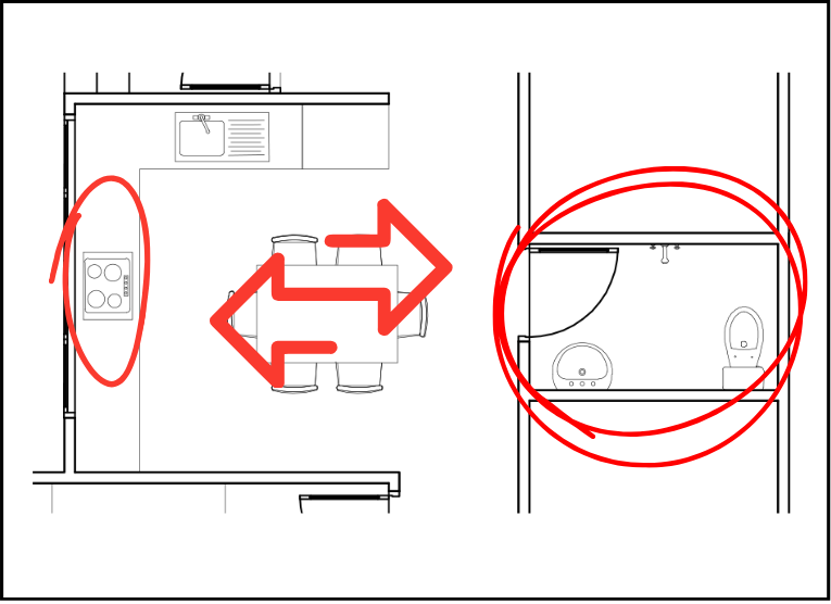 Bếp đối diện nhà vệ sinh