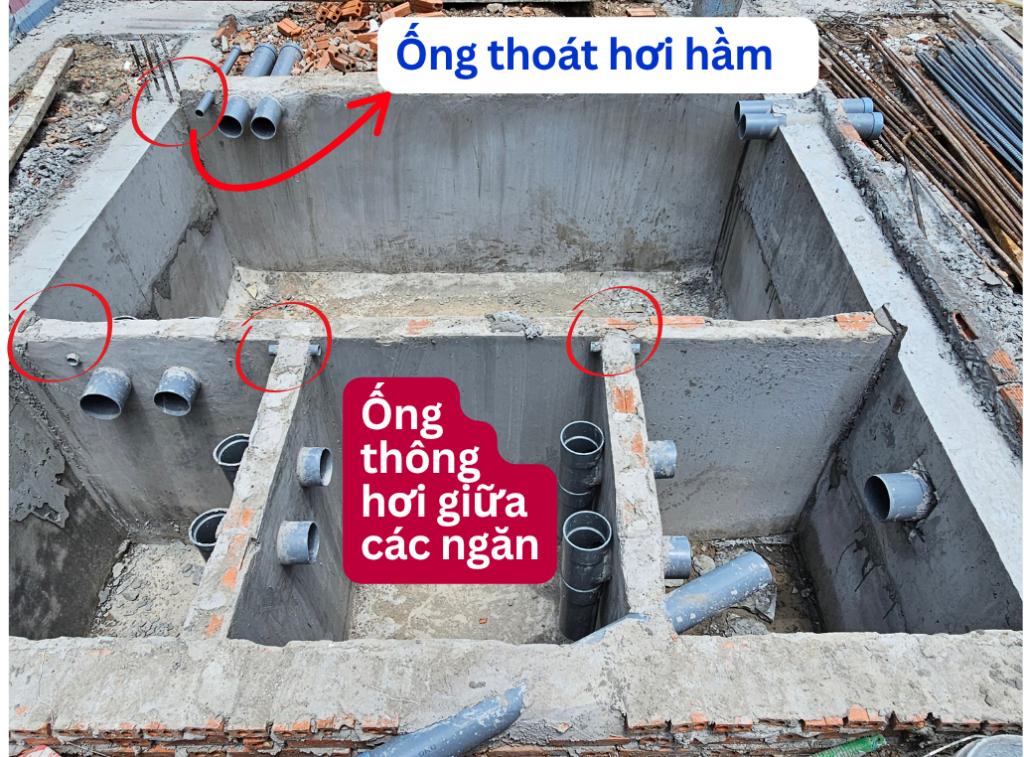 Ống thoát hơi hầm phải thông nhau giữa các ngăn bể