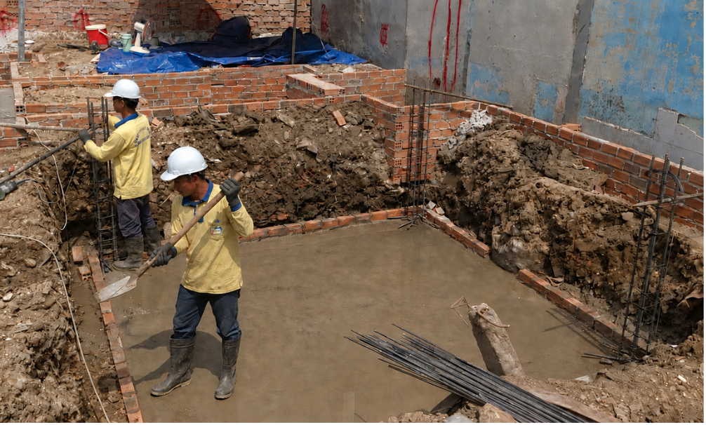Đổ bê tông lót đáy bể