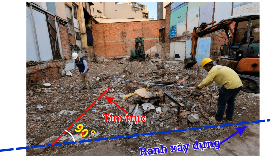 Ranh xây dựng và tim trục có nhất thiết vuông góc với nhau?