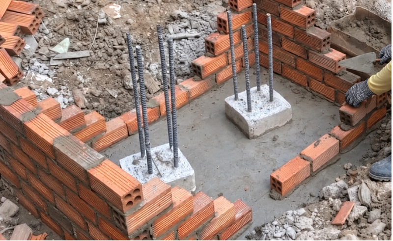Xây gạch làm cốp pha móng