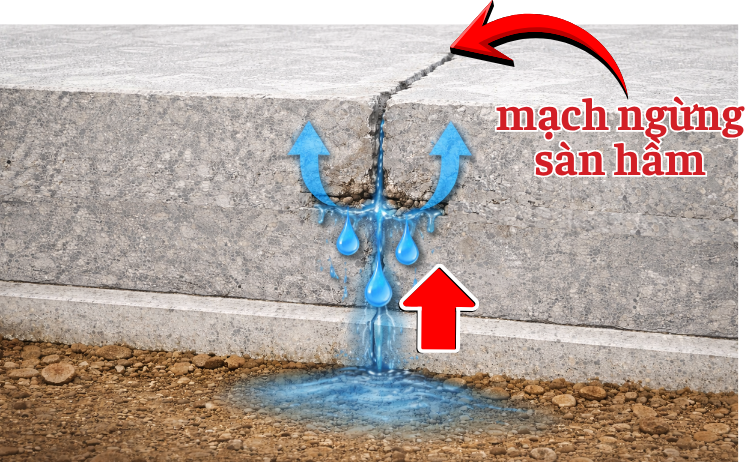 Nước len lỏi theo mạch ngừng ⟶ THẤM ngược lên sàn hầm